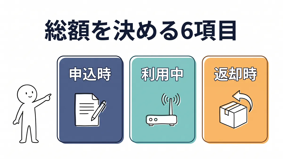 短期WiFiレンタルの総額を決める6項目（申込時・利用中・返却時）の図解